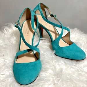 TALBOTS Criss Cross 2 Strap Suede Heel -Teal Size 9M